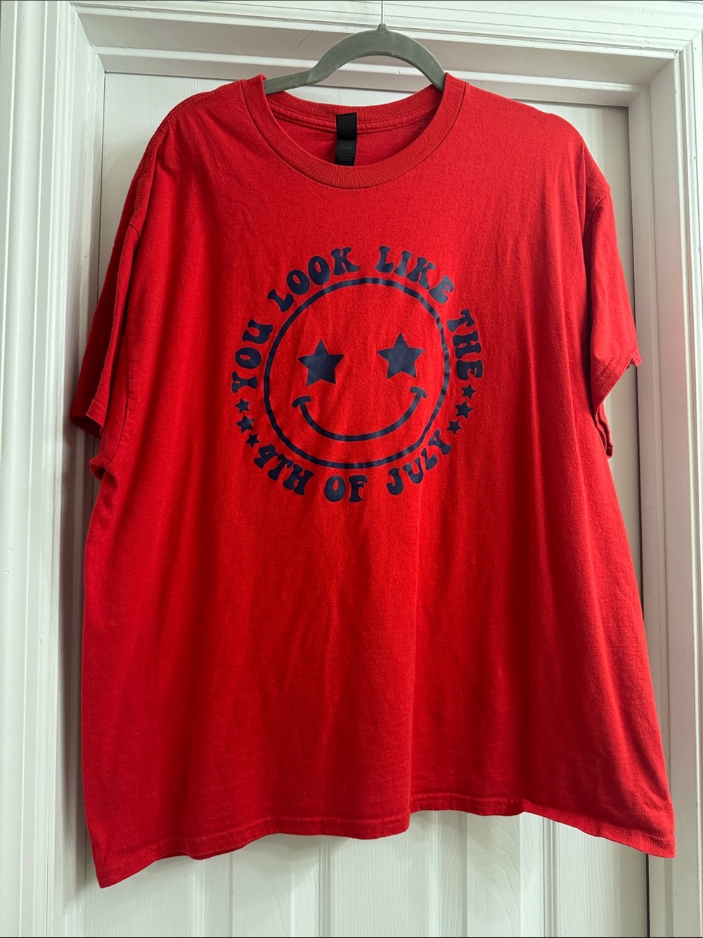 Red Graphic Tee with Navy 4th of July Smiley